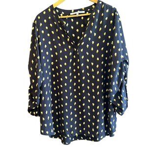 Collective Concepts Women's Blue Yellow Printed Ruched Sleeve Blouse Size 2X